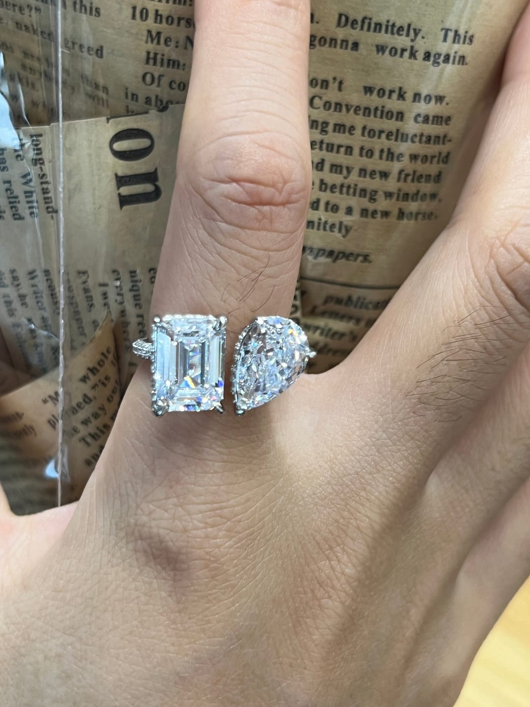 Customer photo review of Louily Unique Double Stones Design Emerald Cut & Pear Cut Engagement Ring