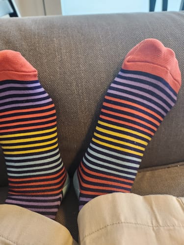 Customer photo review of "Stripe Right" Cotton Crew Socks by Uptown Sox - Large