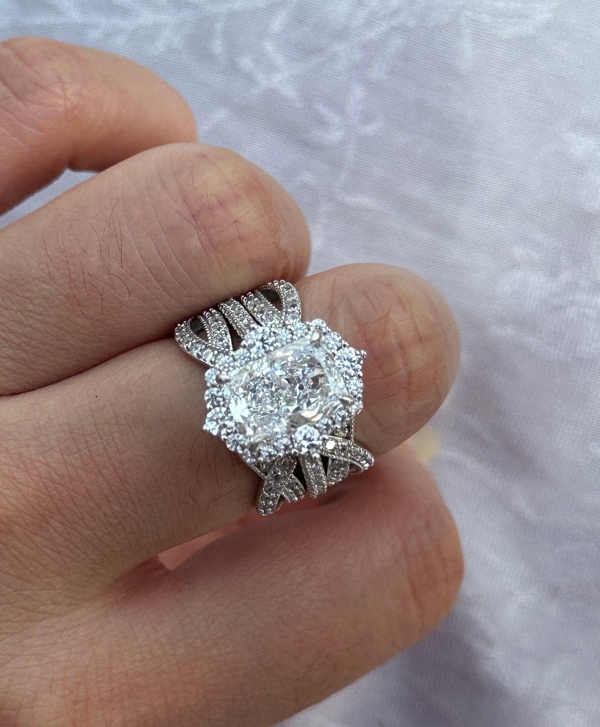 Customer photo review of S925 3.0Ct Radiant Cut Black Stone/White Stone Halo Insert Wedding Ring Set For Women In Sterling Silver