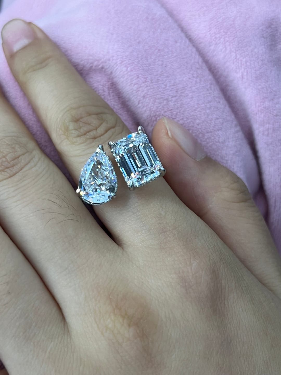 Customer photo review of Louily Unique Double Stones Design Emerald Cut & Pear Cut Engagement Ring