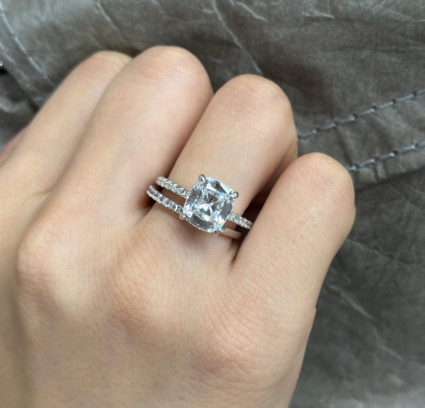 Customer photo review of S925 Classic 3.0 Carat Cushion Cut White Sapphire Wedding Set In Sterling Silver