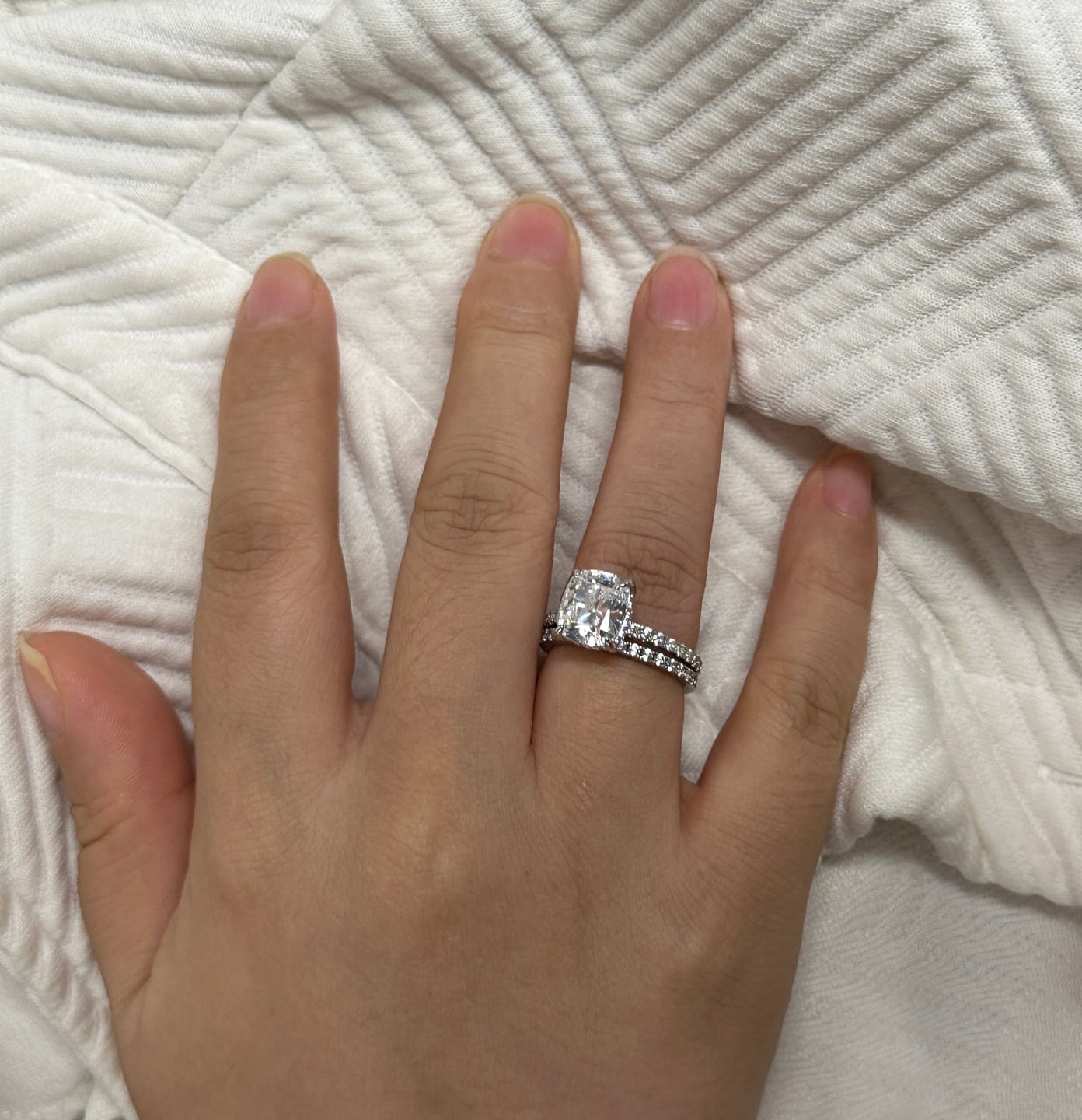 Customer photo review of S925 Classic 3.0 Carat Cushion Cut White Sapphire Wedding Set In Sterling Silver