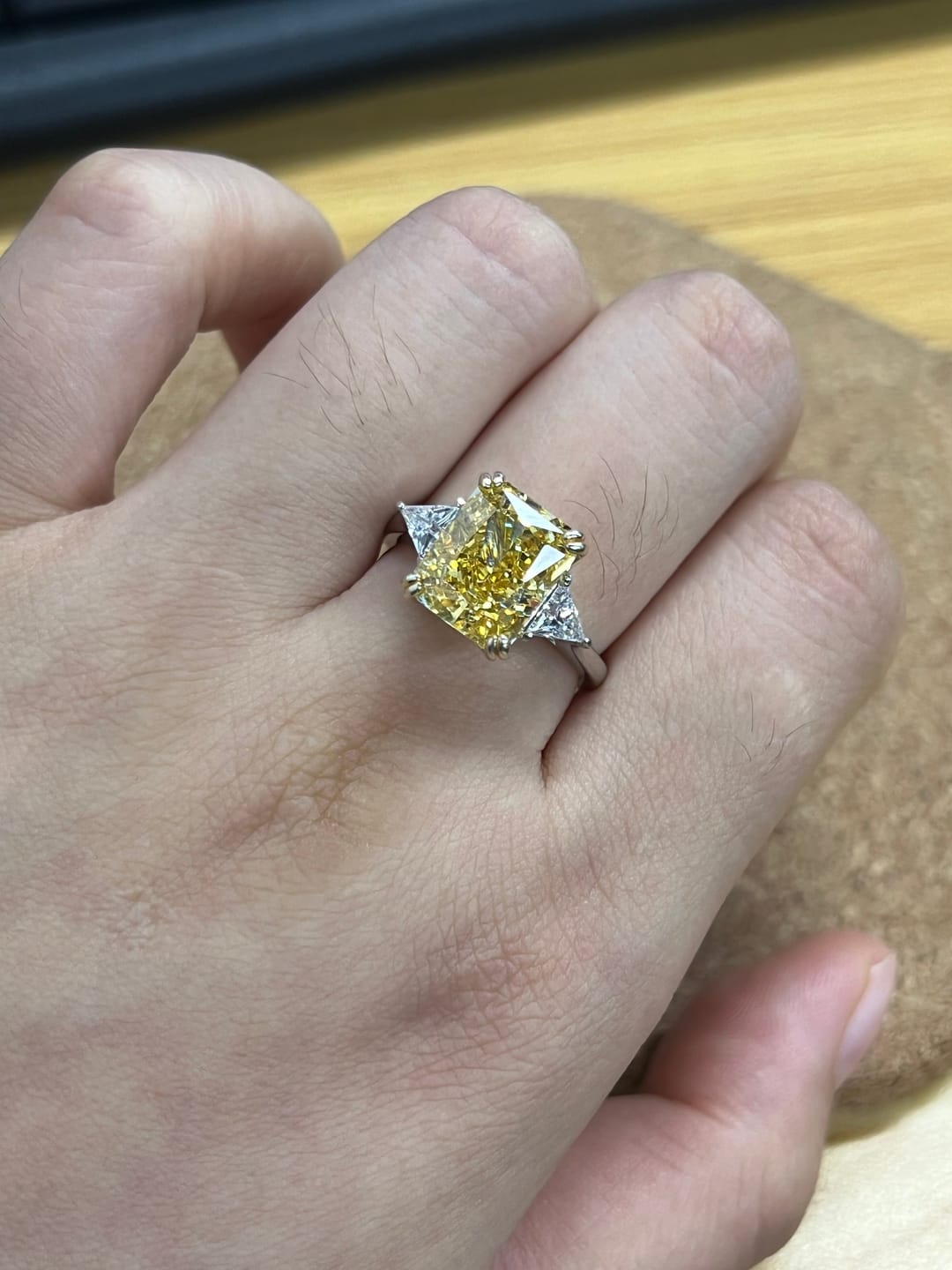 Customer photo review of S925 4.0Ct Radiant & Triangle Cut Yellow Stone Three Stone Engagement Ring In Sterling Silver