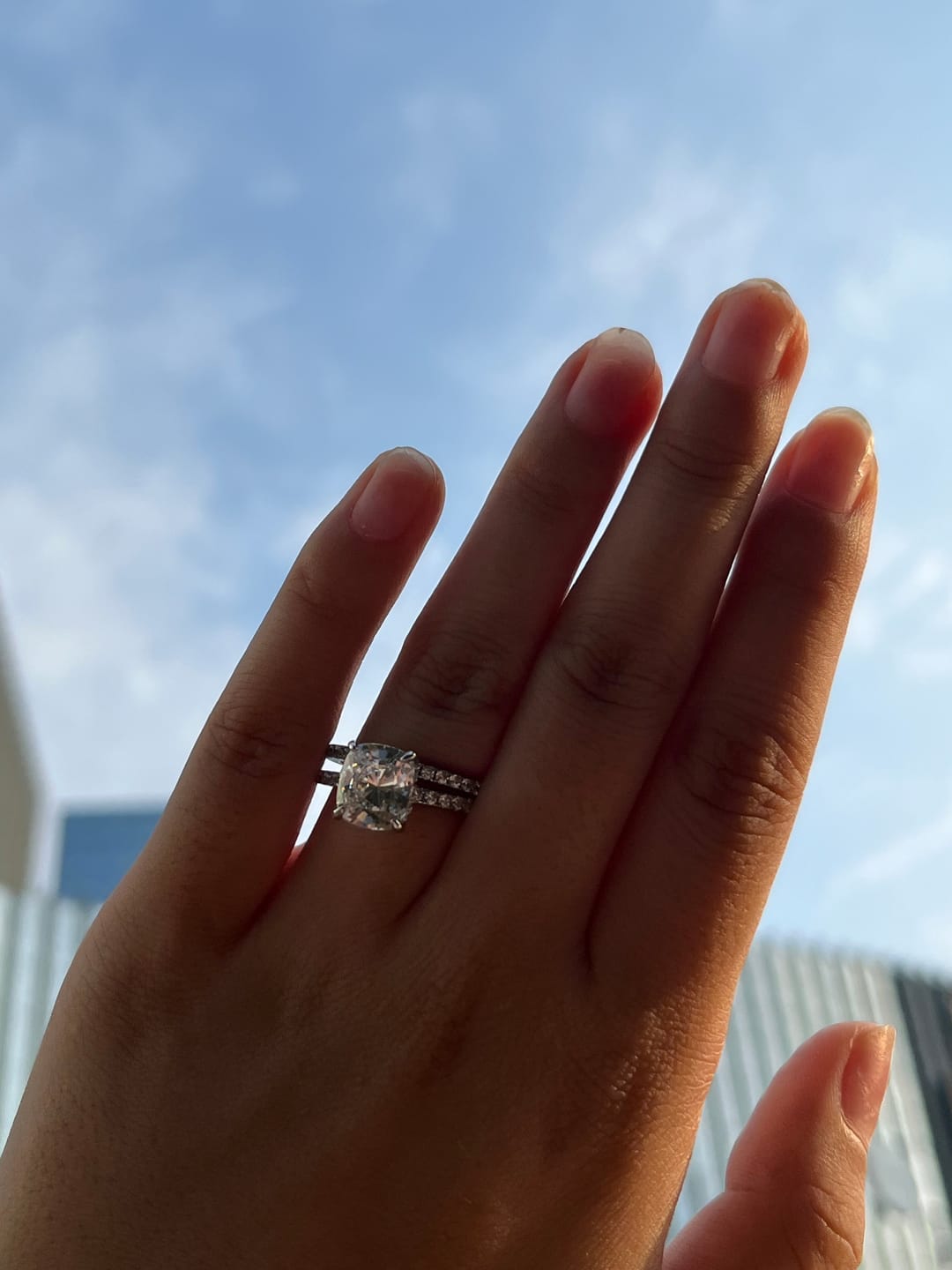 Customer photo review of S925 Classic 3.0 Carat Cushion Cut White Sapphire Wedding Set In Sterling Silver