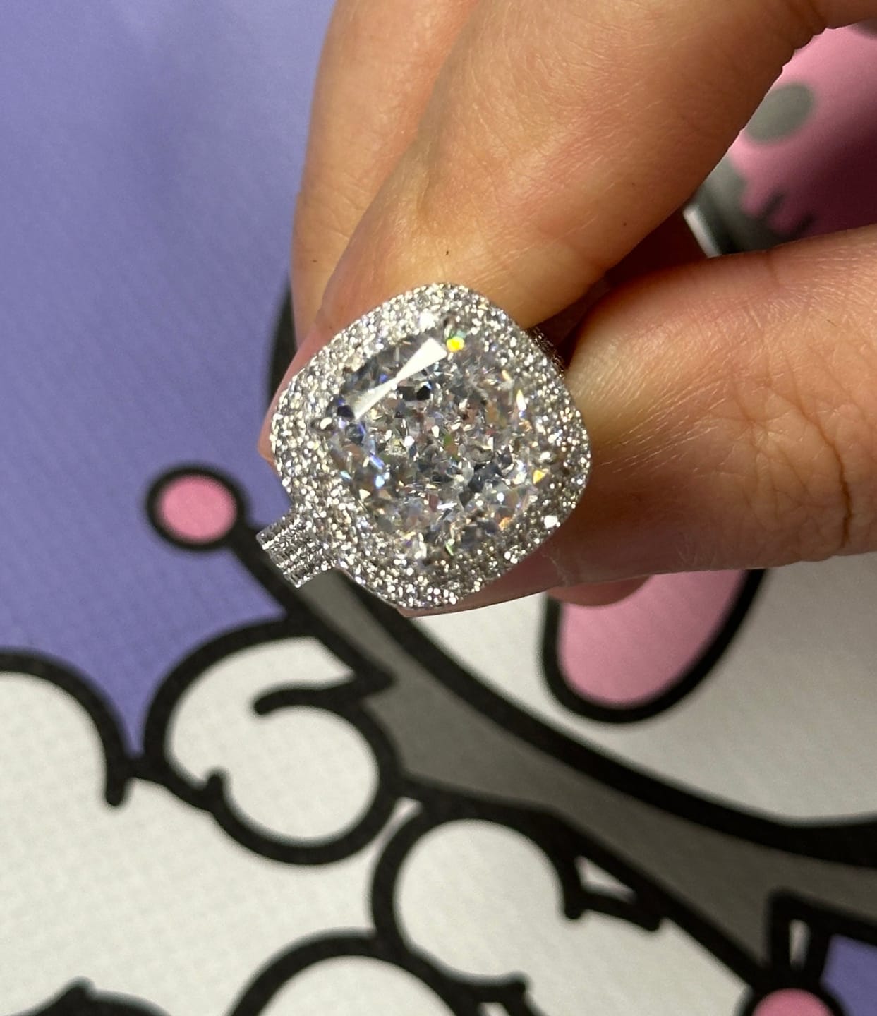 Customer photo review of Louily Luxury Double Halo Three Shank Cushion Cut Engagement Ring