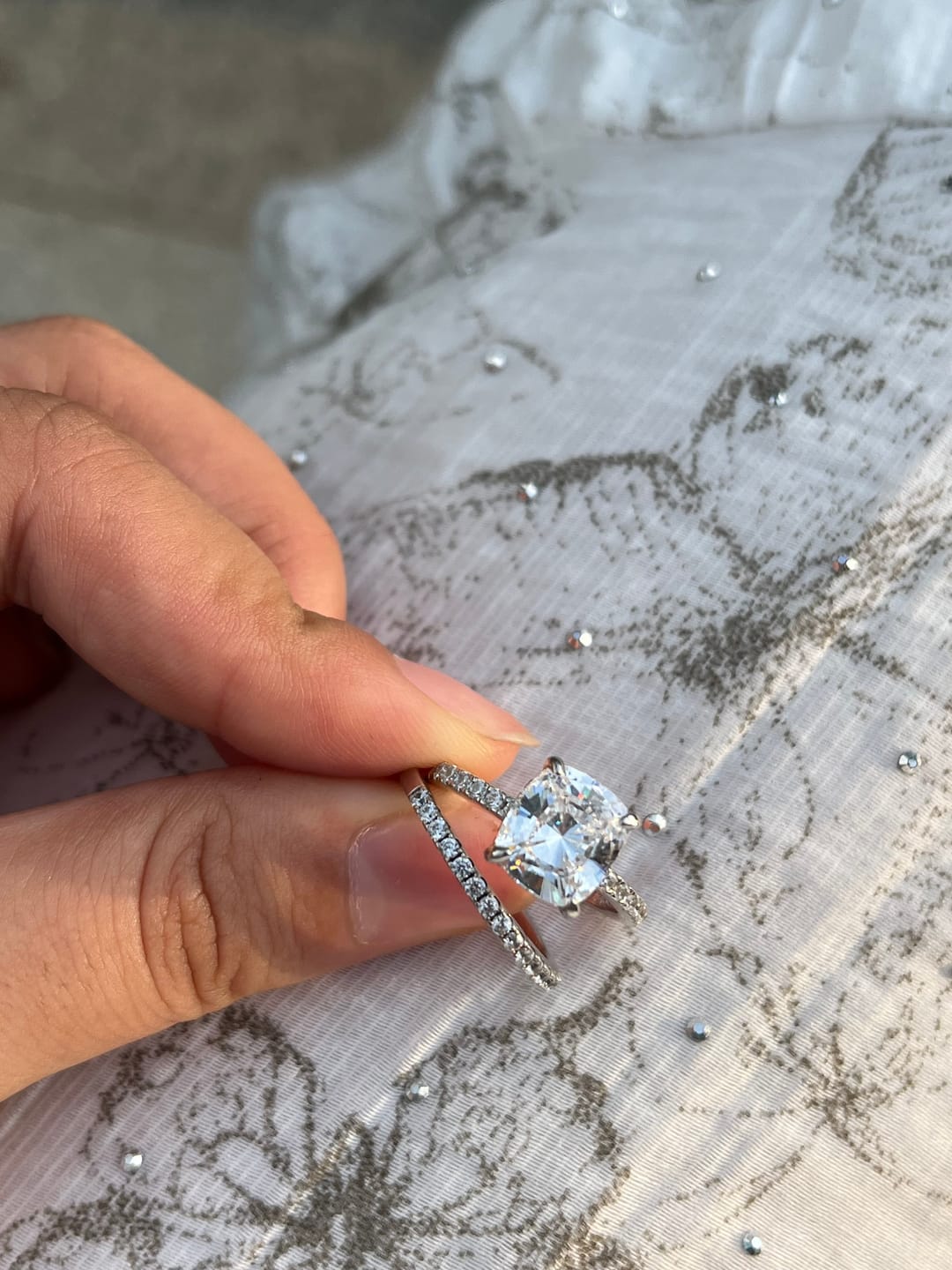 Customer photo review of S925 Classic 3.0 Carat Cushion Cut White Sapphire Wedding Set In Sterling Silver