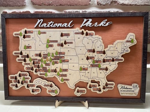 Customer photo review of US Wooden National Parks Travel Map With Trees To Record Park Visits (Light Walnut)