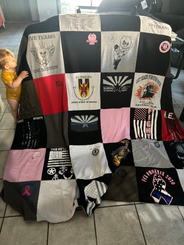 T-shirt quilt with military, veterans support themes by Tracie from AZ