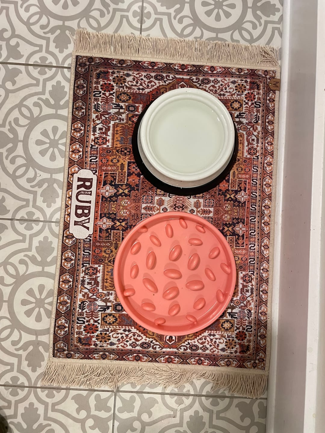 Customer photo review of Pet Bowl Mat with Fringe - Ophelia // Personalization: Ruby