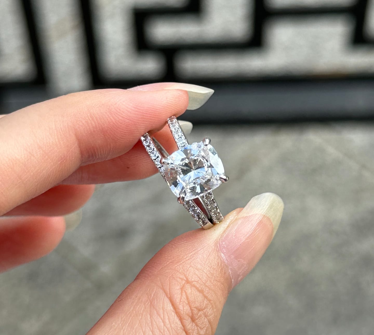 Customer photo review of S925 Classic 3.0 Carat Cushion Cut White Sapphire Wedding Set In Sterling Silver