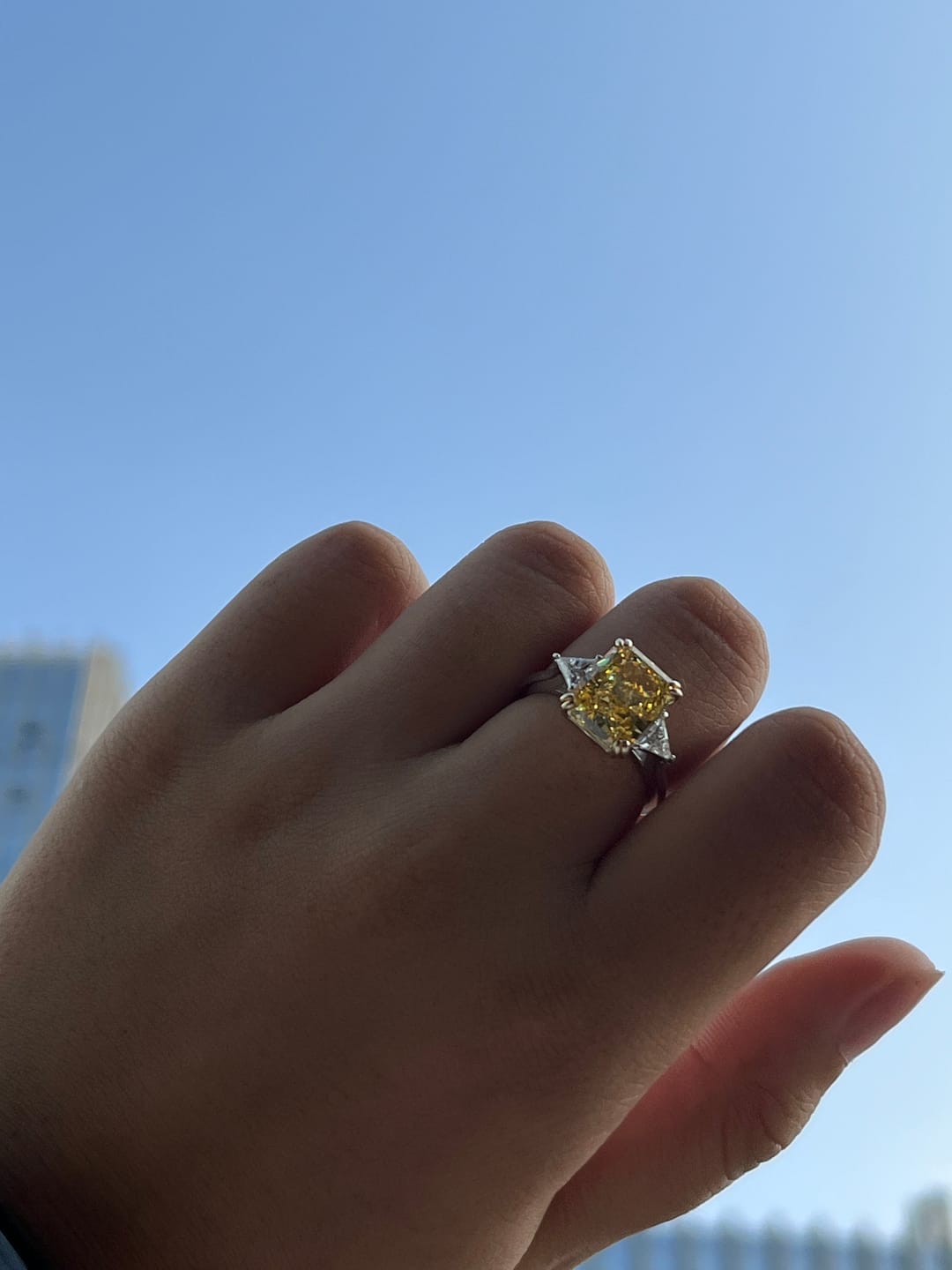 Customer photo review of S925 4.0Ct Radiant & Triangle Cut Yellow Stone Three Stone Engagement Ring In Sterling Silver