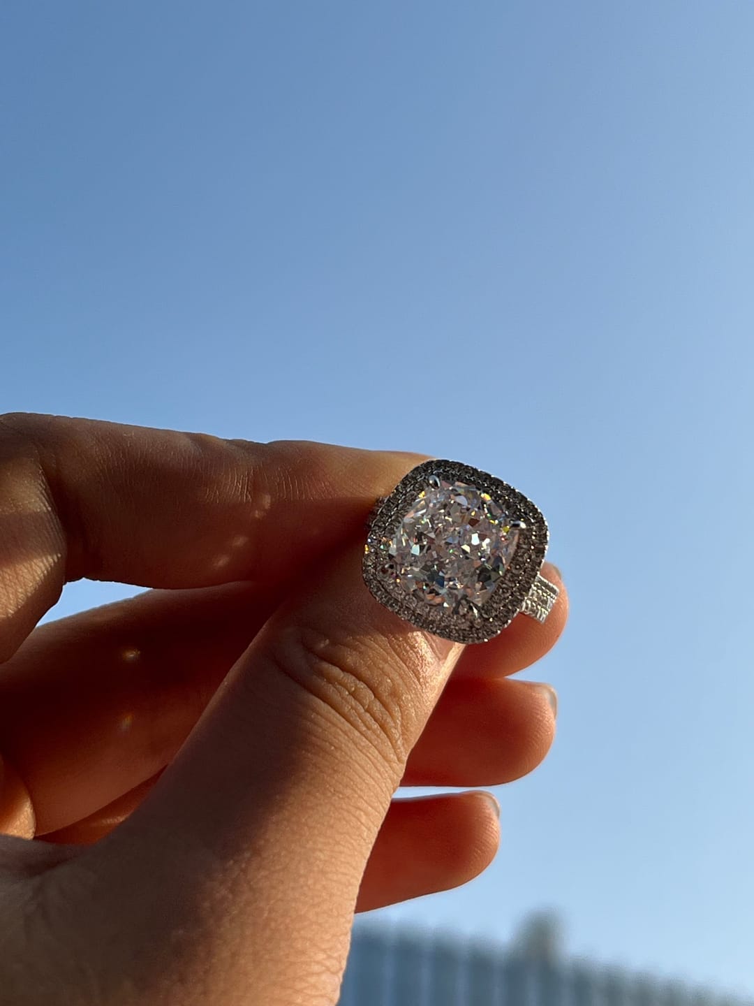 Customer photo review of Louily Luxury Double Halo Three Shank Cushion Cut Engagement Ring
