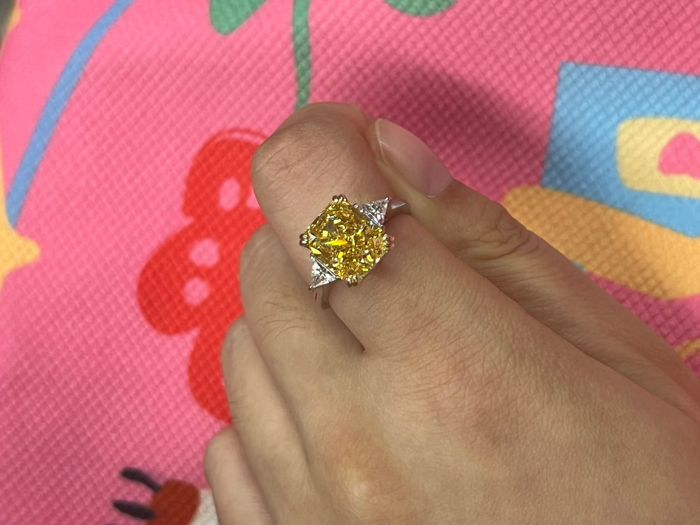 Customer photo review of S925 4.0Ct Radiant & Triangle Cut Yellow Stone Three Stone Engagement Ring In Sterling Silver