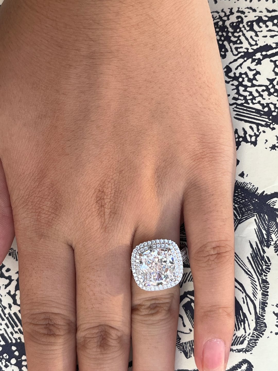 Customer photo review of Louily Luxury Double Halo Three Shank Cushion Cut Engagement Ring