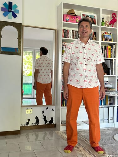 Customer photo review of Chemise décontractée à manches courtes en coton à imprimé flamant rose pour hommes