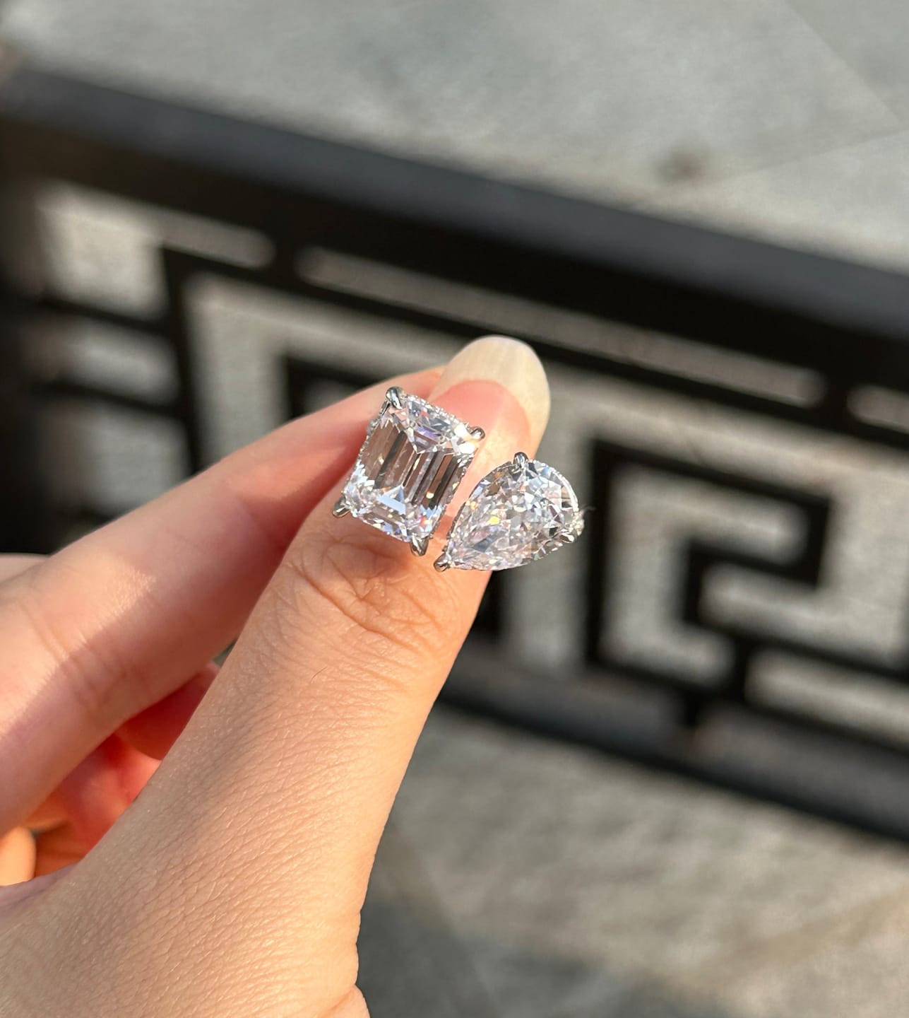 Customer photo review of Louily Unique Double Stones Design Emerald Cut & Pear Cut Engagement Ring