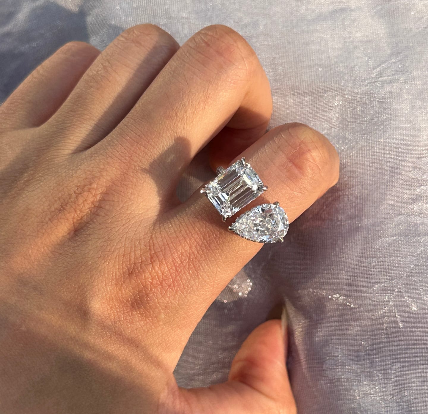 Customer photo review of Louily Unique Double Stones Design Emerald Cut & Pear Cut Engagement Ring