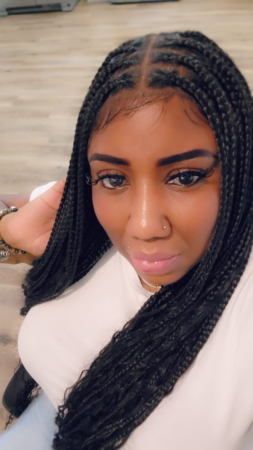 Customer photo review of 36" Human Hair Boho Curls Swiss HD Lace Knotless Box Braided Wig Full Hand-tied - Human Baby Hair