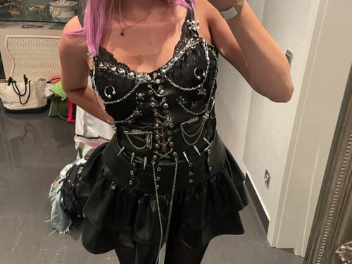 Customer photo review of Lace up PU leather ruffle zip-up A line mini skirt