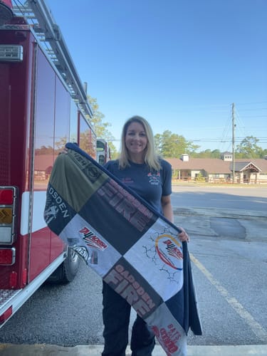 T-shirt quilt with firefighting, emergency services themes by Kerri from AL