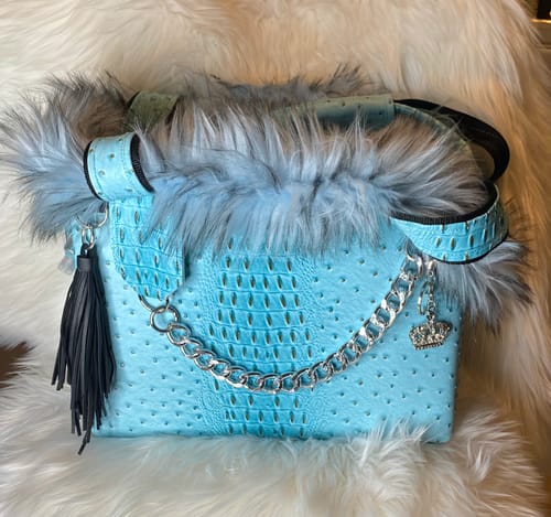 Customer photo review of Light Blue Mutant Ostrich Gator Embossed Vinyl Fabric