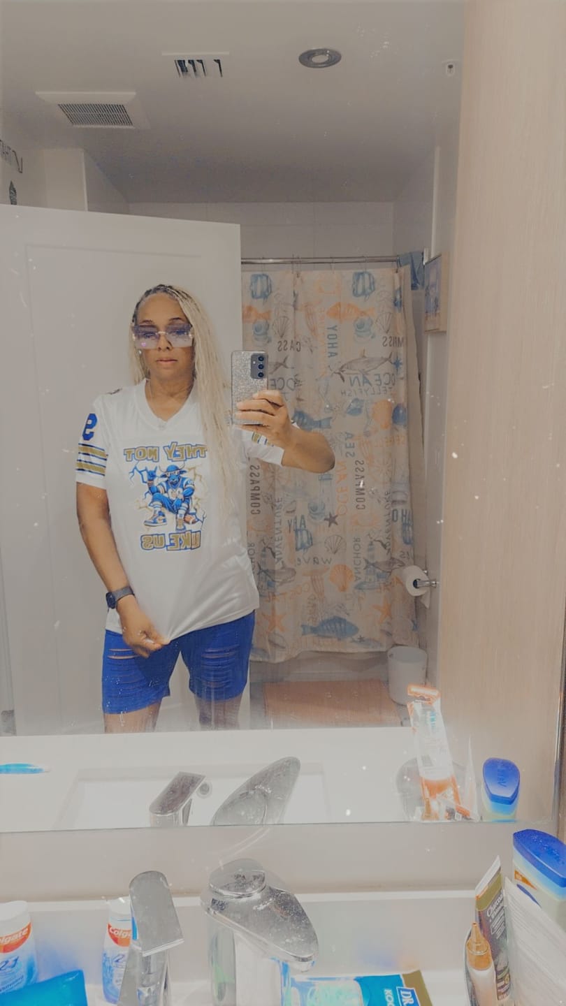 Customer photo review of Custom White Panther Blue-Gold Classic Style Mesh Authentic Football Jersey