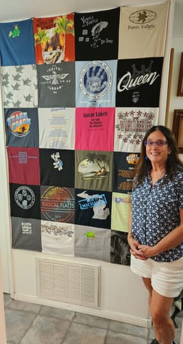 T-shirt quilt with music, travel themes by Debbie from CA