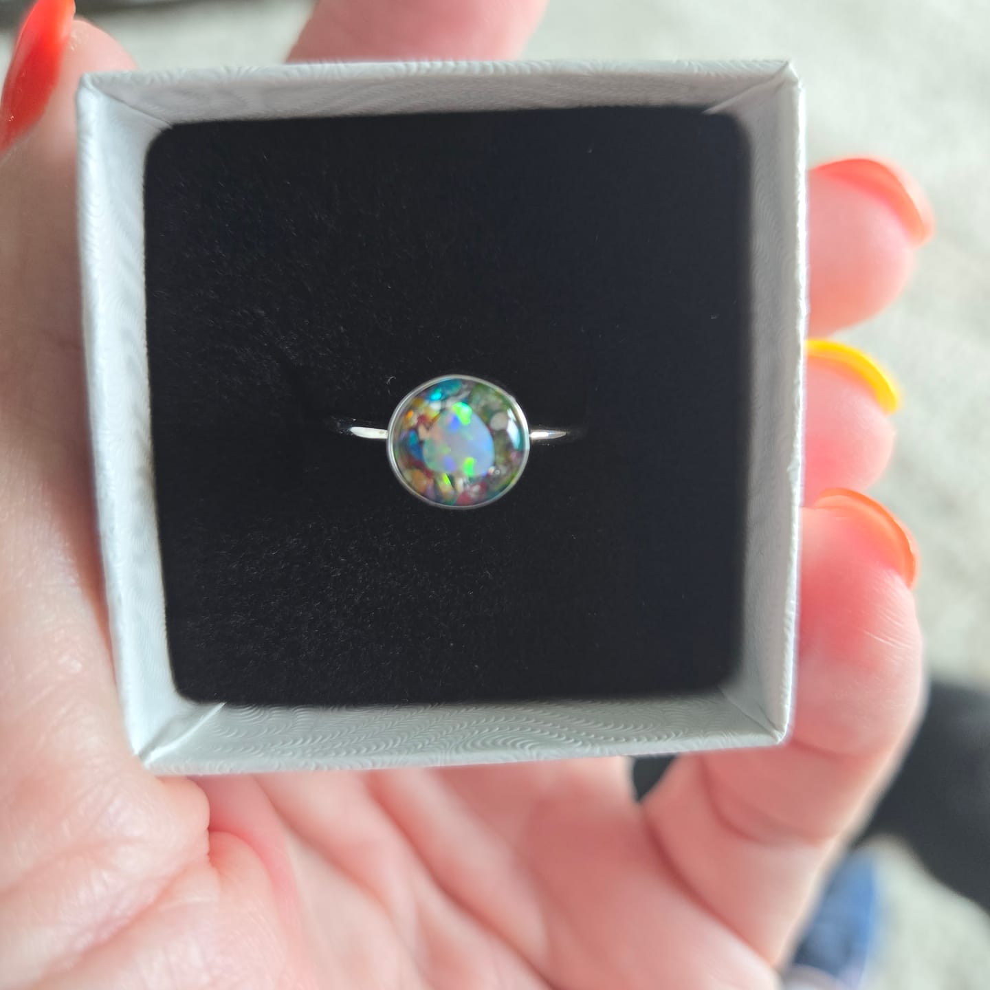Customer photo review of Opal Heart Ring with Cremation Ashes
