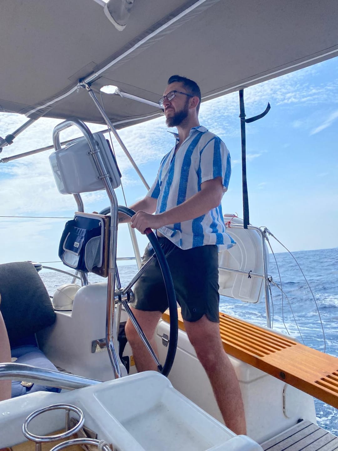Customer photo review of Men's Vintage Blue Vertical Striped Casual Short Sleeve Shirt