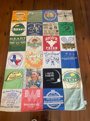 T-shirt quilt with camping, southern culture themes by Denise from TX