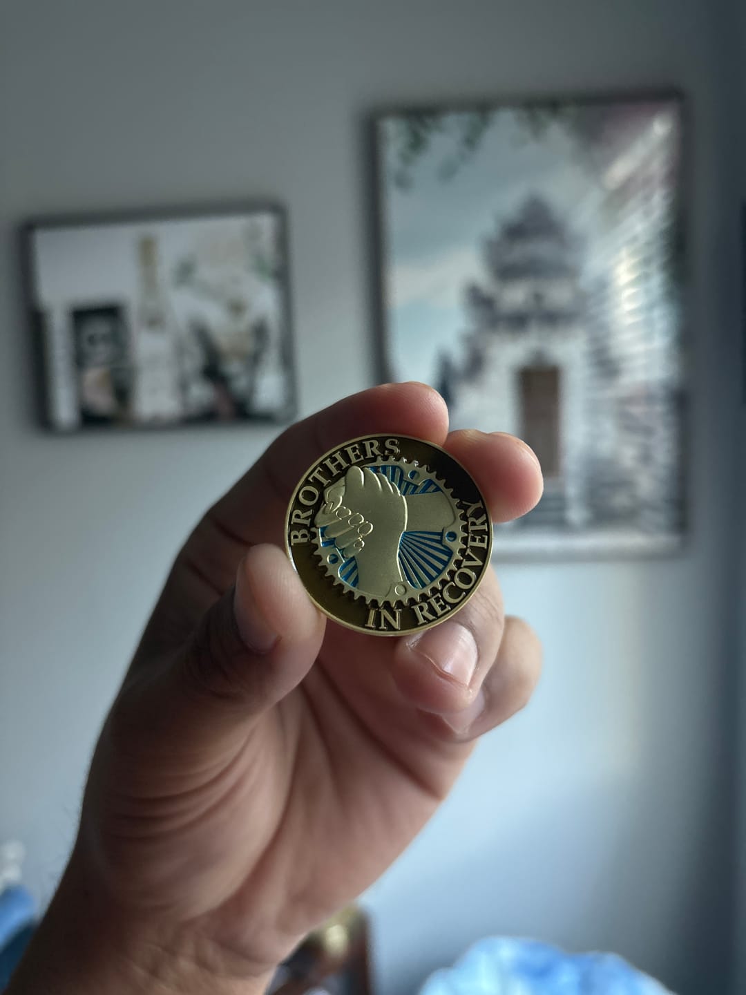 Customer photo review of Brothers in Recovery AA/NA Specialty Sobriety Medallion - Brushed Gold/Army/Blue