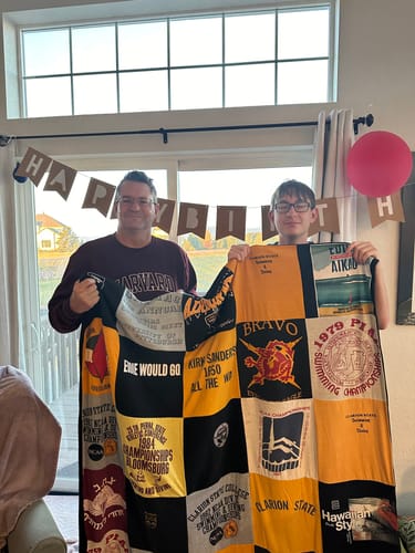 T-shirt quilt from harvard university, clarion university by Susan from CO