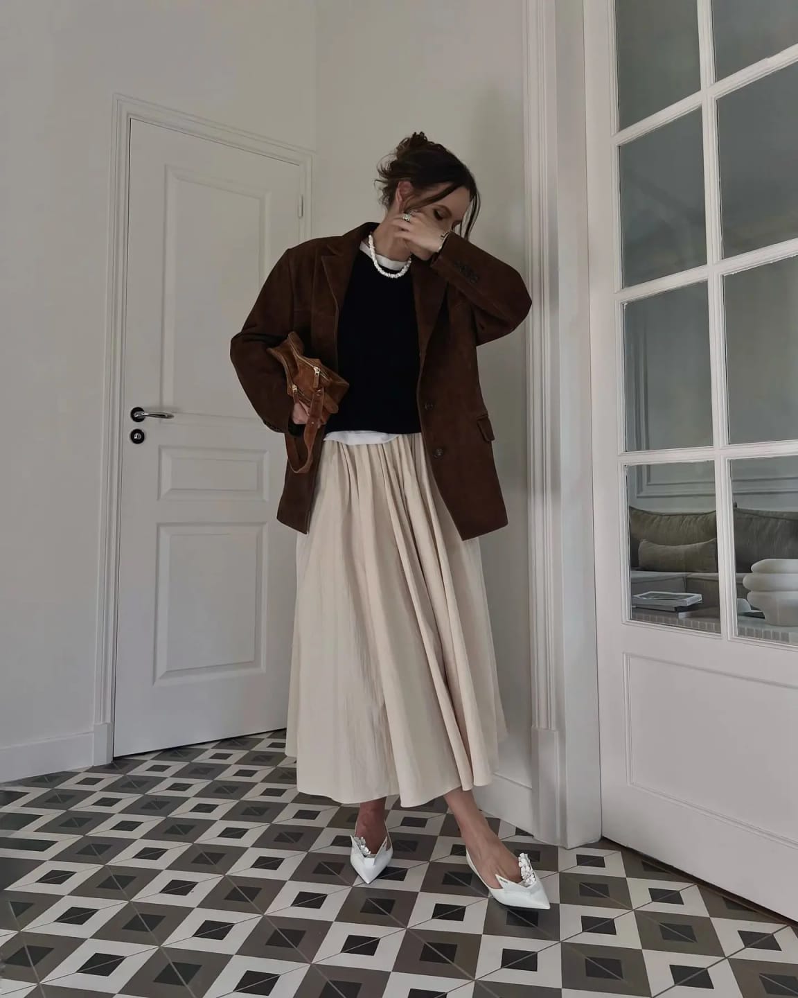 Customer photo review of Timeless Elegance Oversized Suede Blazer - Caramel Crush
