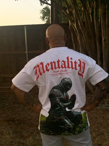 Customer photo review of 'KNIGHT'S PRAYER' Tee - White [SHIPS 8/5]