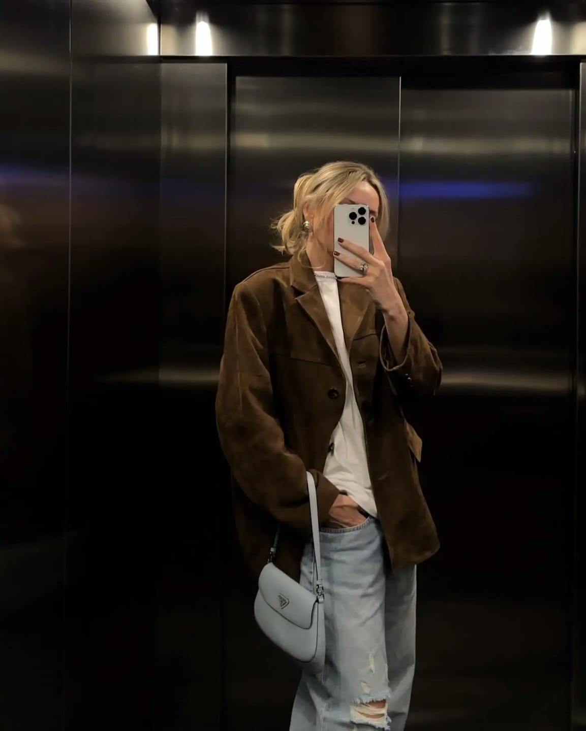 Customer photo review of Timeless Elegance Oversized Suede Blazer - Caramel Crush