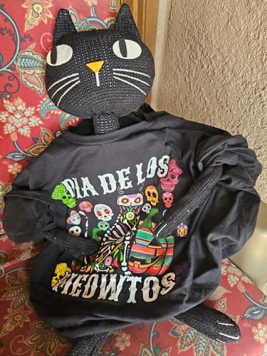 Customer photo review of Dia De Los Meowtos Mexicano T-Shirt