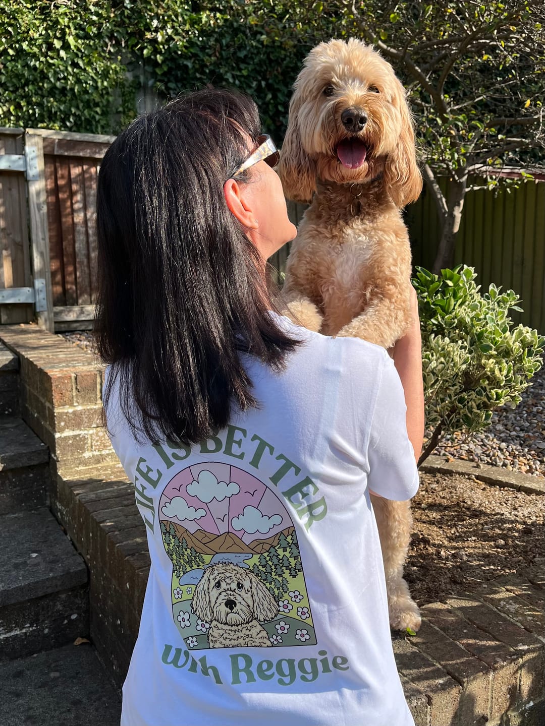 Customer photo review of Personalised Life is Better with your dog t-shirt
