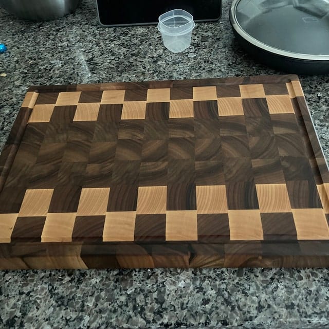 Customer photo review of Personalized Double-sided Walnut and Maple End Grain Cutting Board