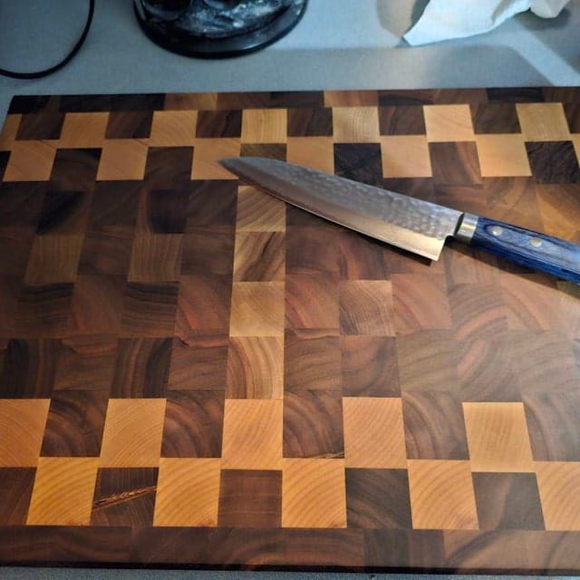 Customer photo review of Personalized Double-sided Walnut and Maple End Grain Cutting Board