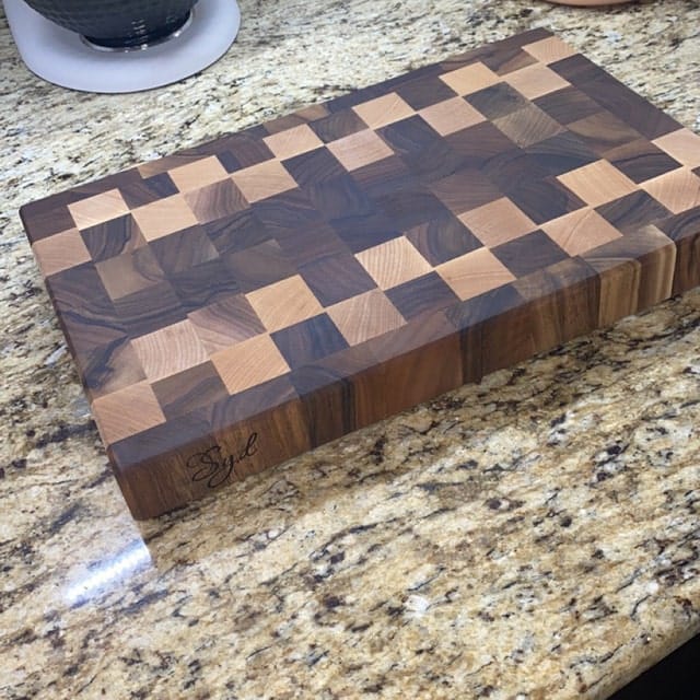 Customer photo review of Personalized Double-sided Walnut and Maple End Grain Cutting Board