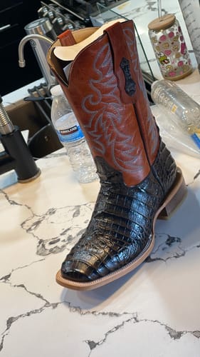 Customer photo review of Chocolate Brown American Gator Belly Leather Boots — Square Toe