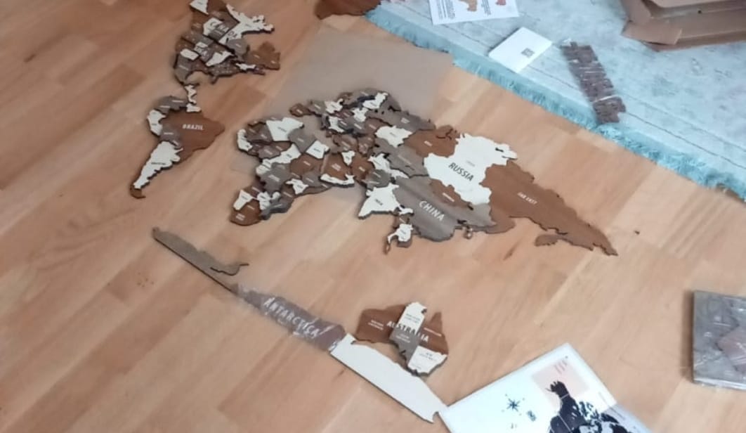 Customer photo review of Wooden World Map Wall Art - 3d Wood Push Pin Maps, Multicolor