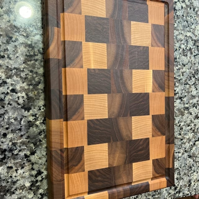 Customer photo review of Personalized Double-sided Walnut and Maple End Grain Cutting Board