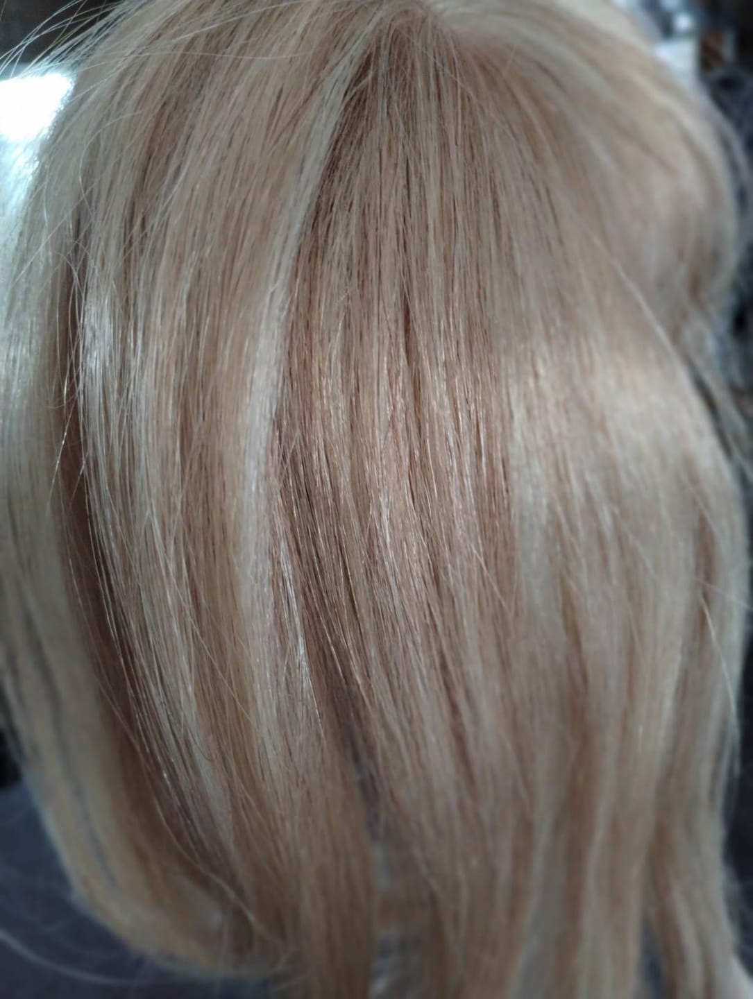 Customer photo review of Mono Topper Human Hair Piece Toupee with Pink Gold Highlights & Clips #18/613