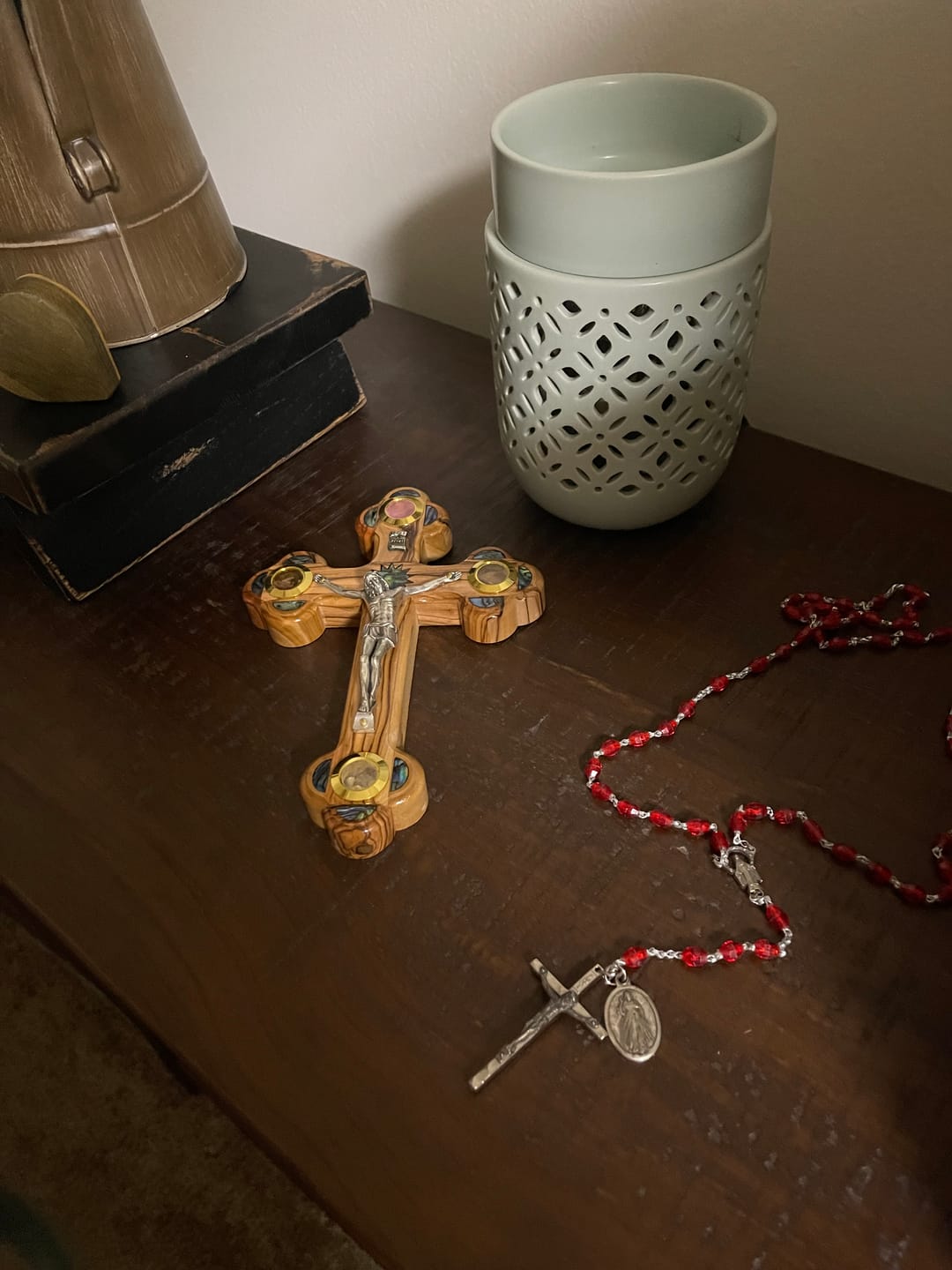 Customer photo review of Olive Wood Crucifix (Partially covered with Mother of Pearl) - Holy Land Crucifixes