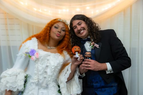 Customer photo review of LUXURY ANTIQUE BAROQUE STYLE SATIN WEDDING DRESS WITH FLORAL LONG SLEEVES - 1800 BALL GOWN