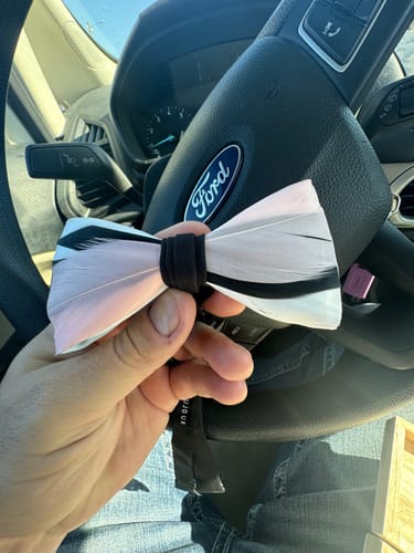 Customer photo review of White Black Peach Feather Bow Tie and Lapel Pin set - Mandujour Handmade