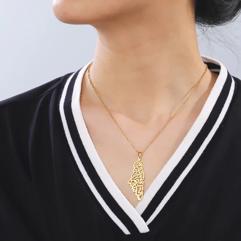 Customer photo review of Palestine Calligraphy Map Necklace