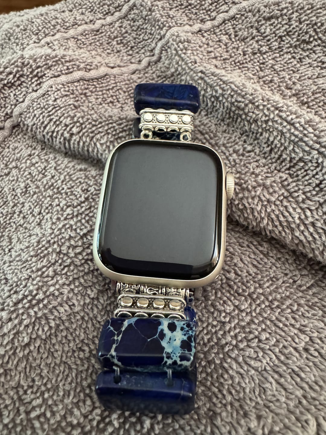 Customer photo review of Dark Navy Tibetan Jasper Stretch Apple Watch Strap
