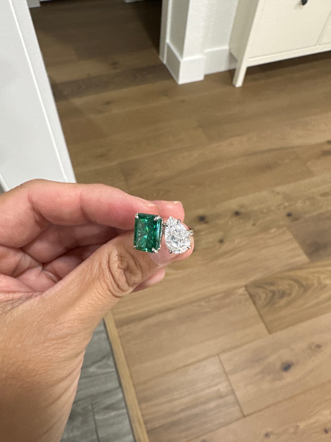 Customer photo review of Louily Unique Double Stones Design Radiant & Pear Cut Engagement Ring In Sterling Silver